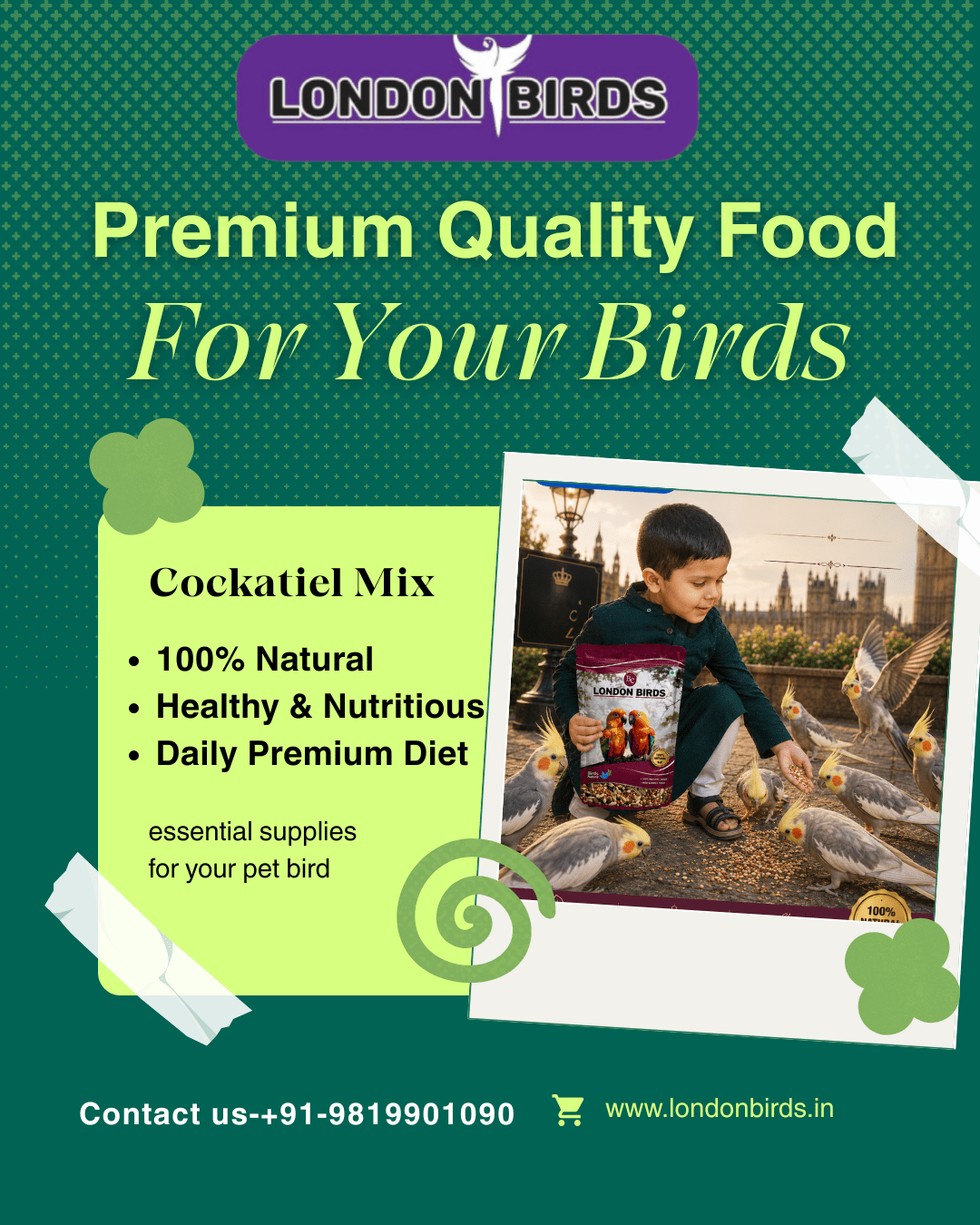At London Birds, we offer a Premium Cockatiel Mix made from high-quality natural ingredients that provide balanced nutrition for your feathered companion.